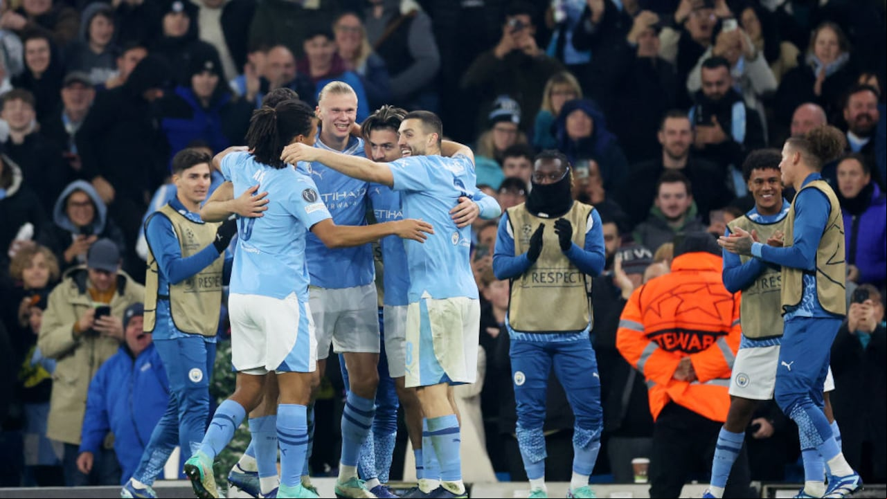 MANCHESTER, ENGLAND - NOVEMBER 07: Erling Haaland of Manchester City celebrates with teammates after scoring the team's third goal during the UEFA Champions League match between Manchester City and BSC Young Boys at Etihad Stadium on November 07, 2023 in Manchester, England. (Photo by Catherine Ivill/Getty Images)