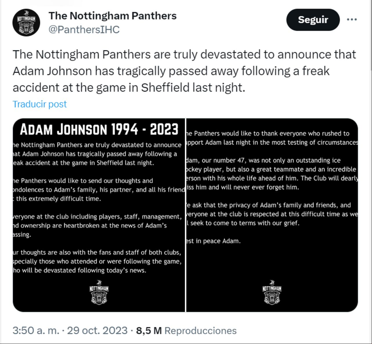Comunicado oficial de los Nottingham Panthers tras el grave suceso