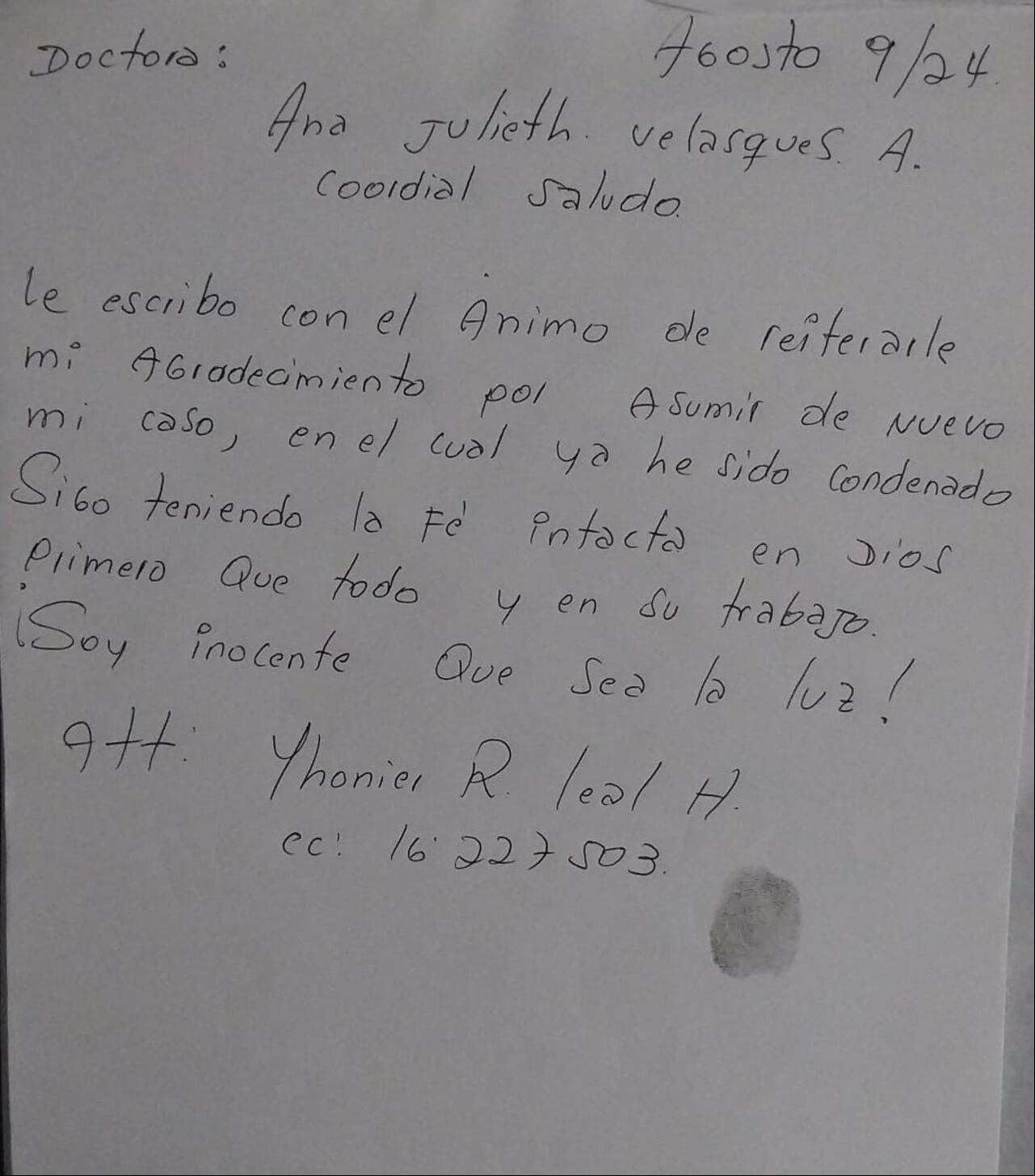 Esta fue la carta escrita por Yhonier Leal desde la prisión en la que le agradeció a su abogada por retomar su defensa en medio del proceso en su contra.