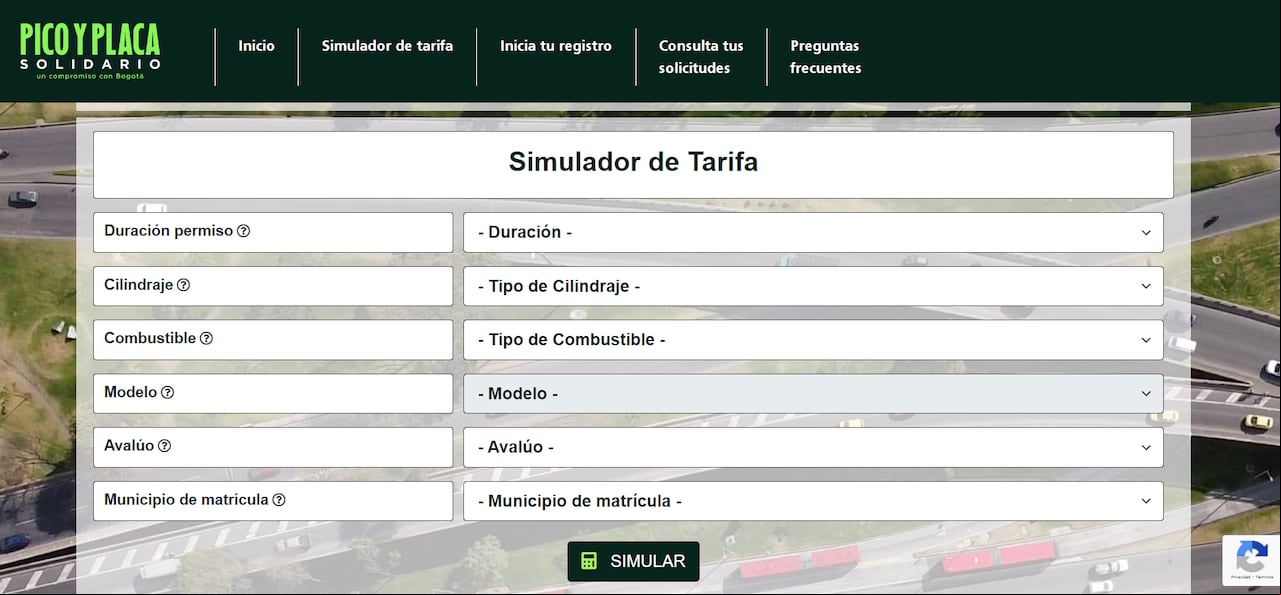 Simulador de tarifa del Pico y placa sollidario