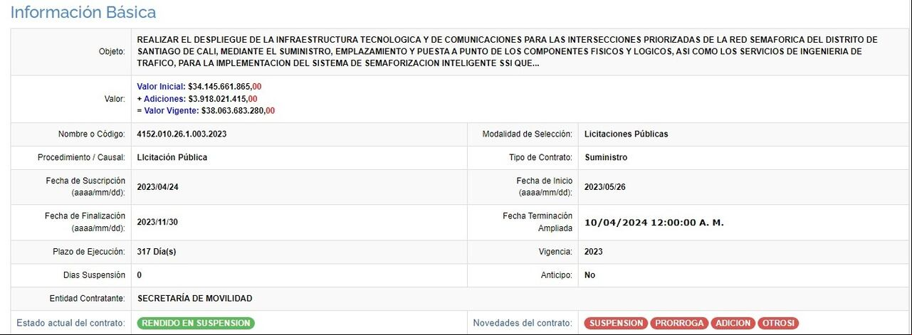 Este es uno de los contratos de la semaforización inteligente en Cali que está actualmente suspendido.