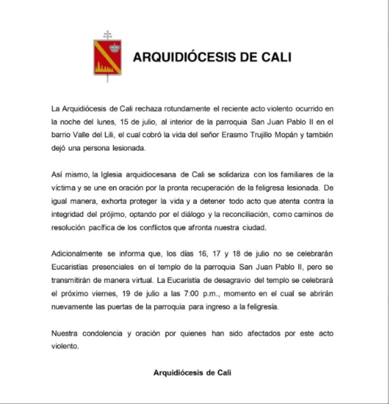 Arquidiócesis de Cali rechazó el acto violento que ocurrió en la parroquia San Juan Pablo II.