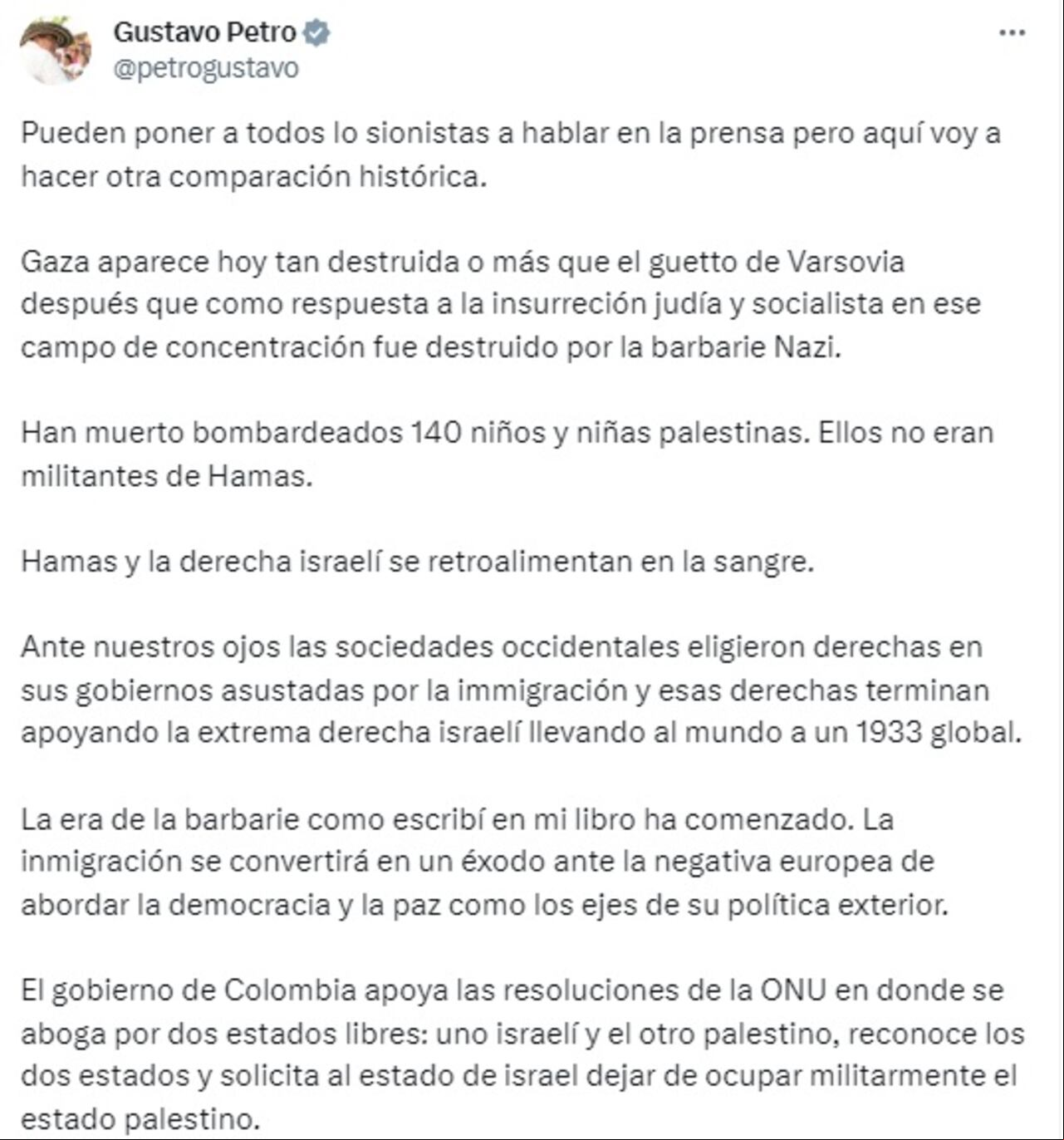 Trino publicado por el presidente Gustavo Petro a las 10:12 a.m. del 10 de octubre comparando la situación entre Israel y Palestina con el nazismo.