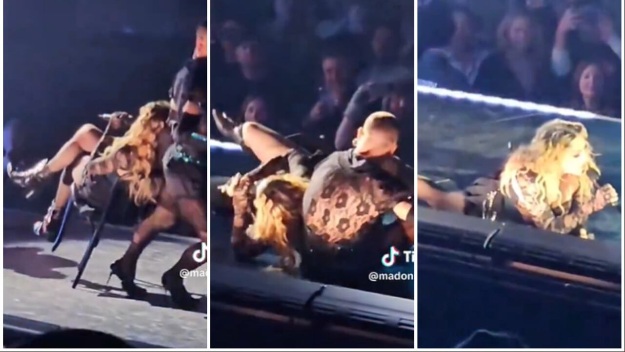 La cantante Madonna sufrió una dura caída en pleno concierto y el video se viralizó en redes sociales.
