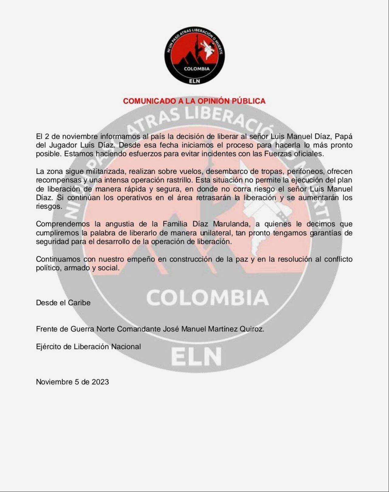 Comunicado ELN liberación Luis Manuel Díaz