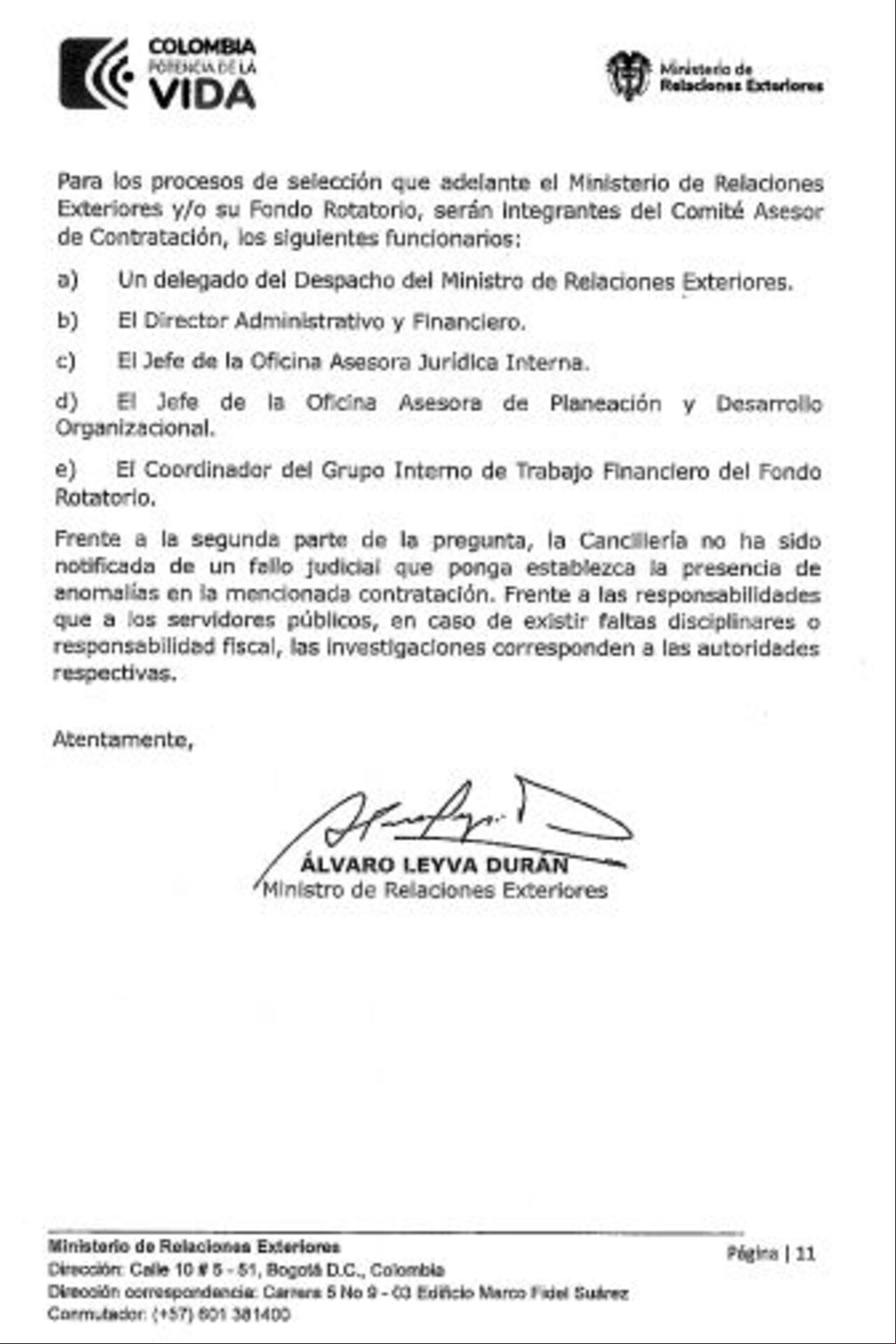 Este es el documento que firmó el canciller Álvaro Leyva.
