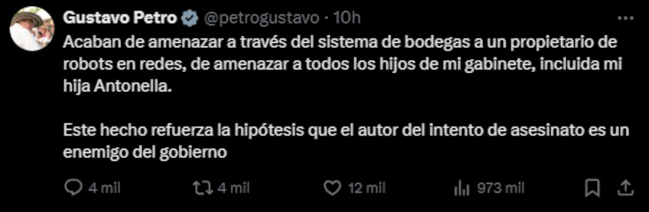La situación fue comentada públicamente por el presidente Gustavo Petro, quien también reveló que su propia hija, Antonella, figura entre los amenazados.