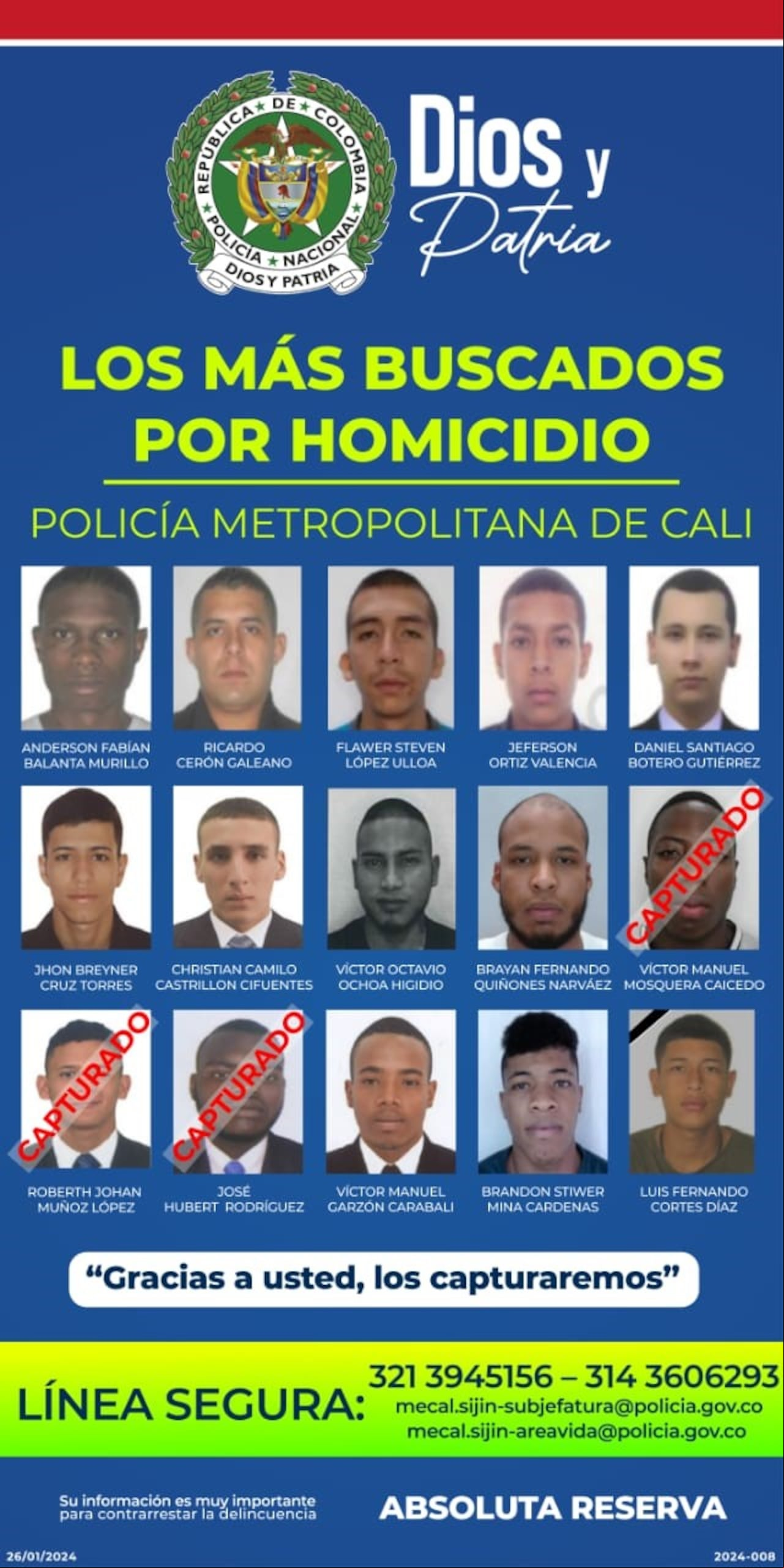 Se aumentó la recompensa hasta 25 millones de pesos, por información que permita la identificación y captura de los más buscados por el delito de homicidio en Cali.