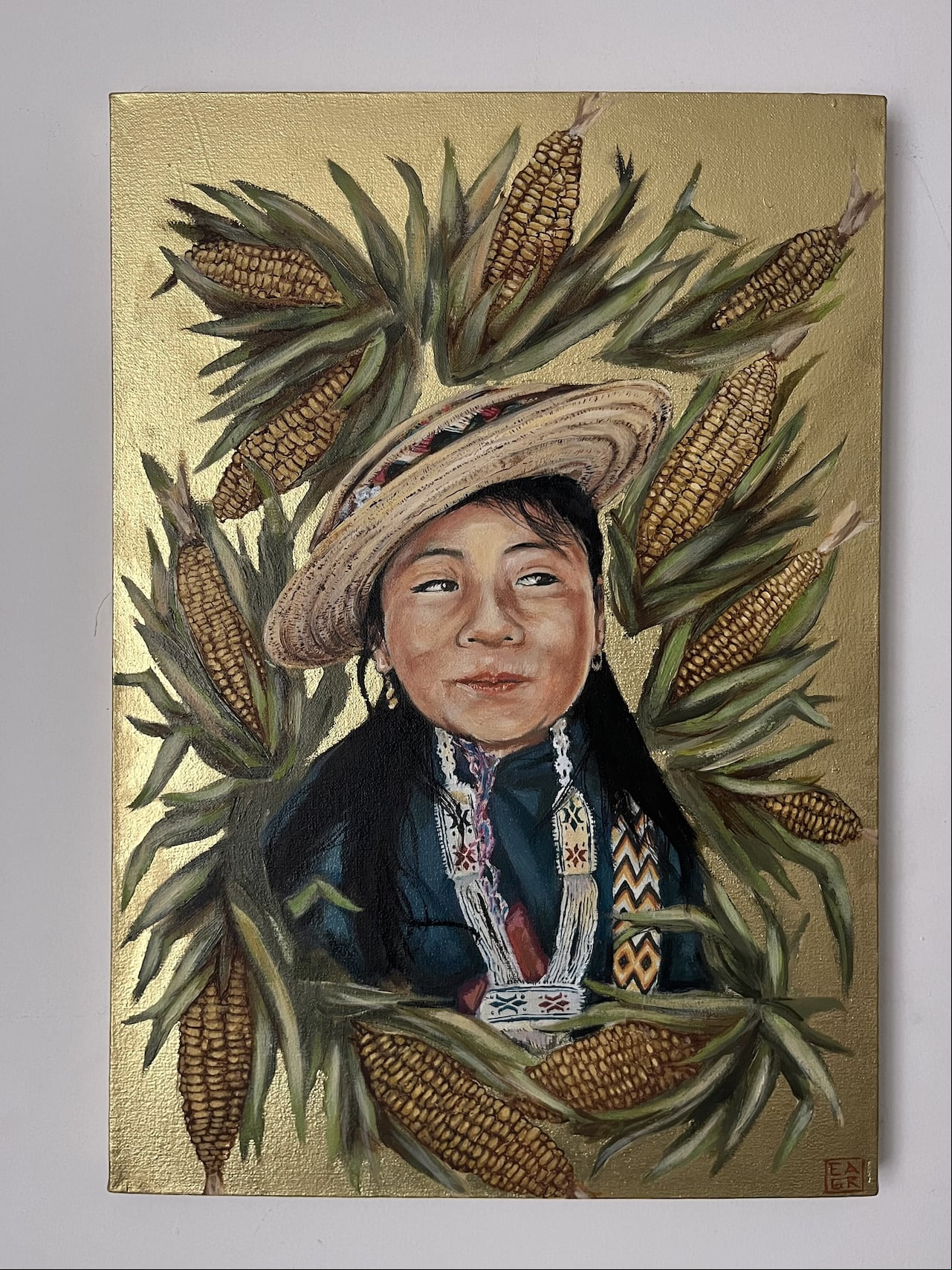 En esta versión del salón se buscaba que las obras reflejaran la fisionomía propia de cada comunidad, como en esta pintura titulada ‘Niña Misak y el maíz’, del artista Ernesto Armando Gaviria Riascos.