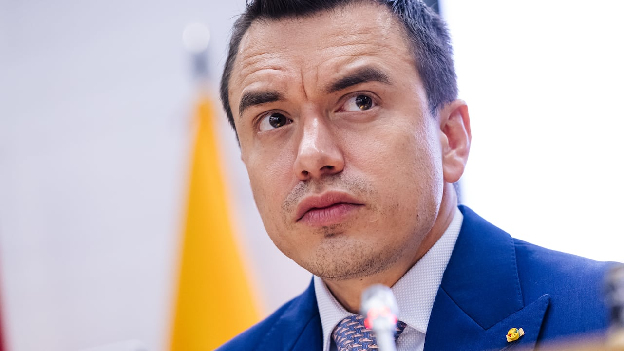 El Presidente de la República del Ecuador, Daniel Noboa, habla durante el encuentro empresarial España-Ecuador en la sede de la CEOE, el 25 de enero de 2024 en Madrid, España.
