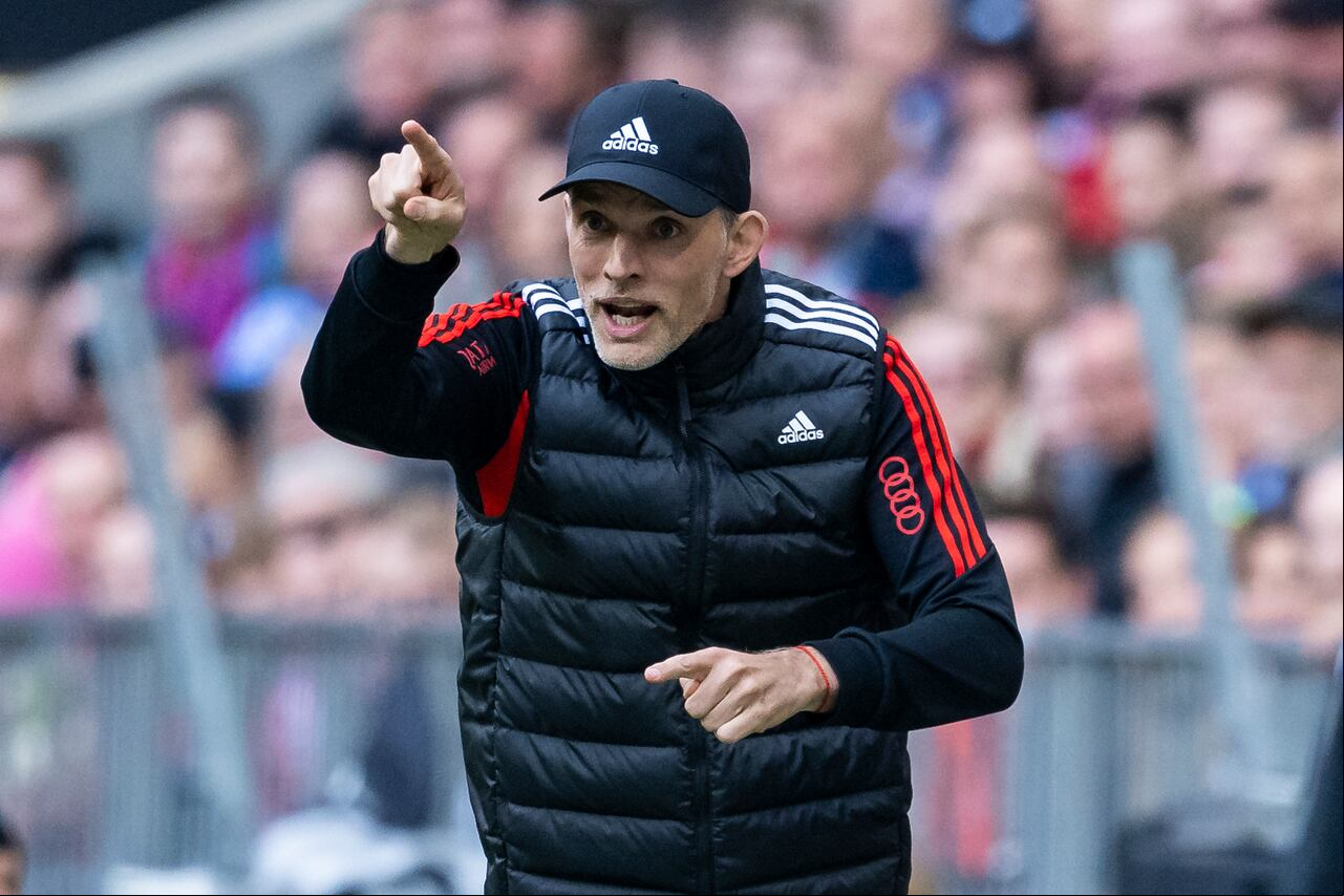 Munich's head coach Thomas Tuchel points during the German Bundesliga soccer match between FC Bayern Munich and FC Schalke 04 in Munich, , Saturday, May 13, 2023. (Tom Weller/dpa via AP)