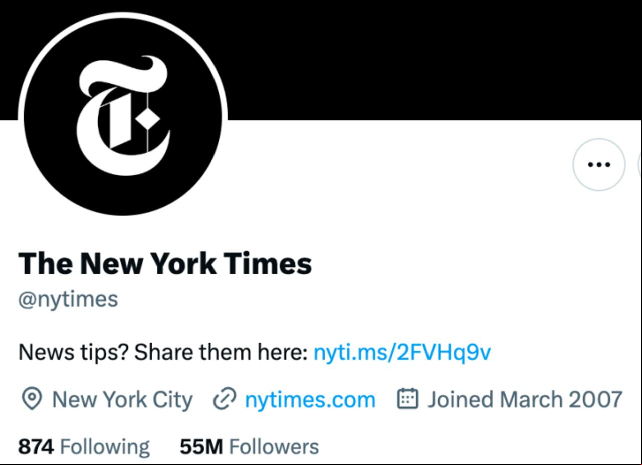 Cuenta de Twitter de The New York Times, sin el símbolo azul de verificación.