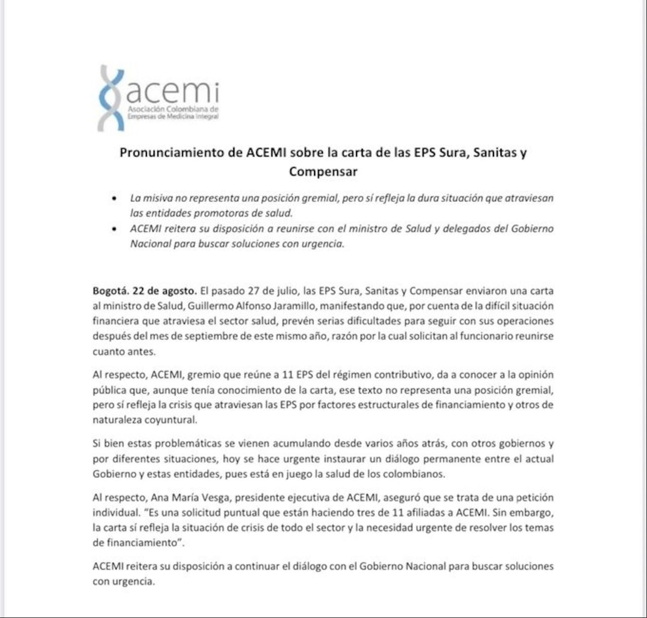ACEMI explicó la situación que actualmente están viviendo y por eso han pedido una reunión con el ministro de salud.