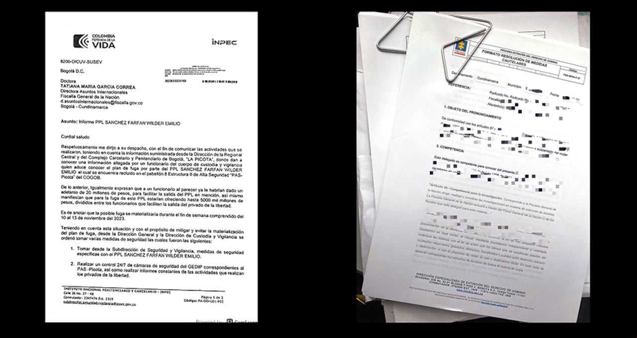 Documentos compartidos entre el Inpec y la Fiscalía para advertir sobre el plan de fuga del llamado Gato Farfán cuando se encontraba en La Picota.