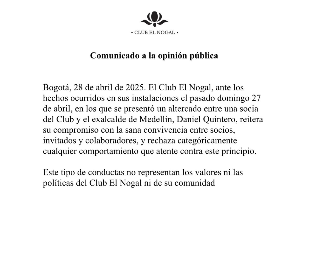 Comunicado Club El Nogal