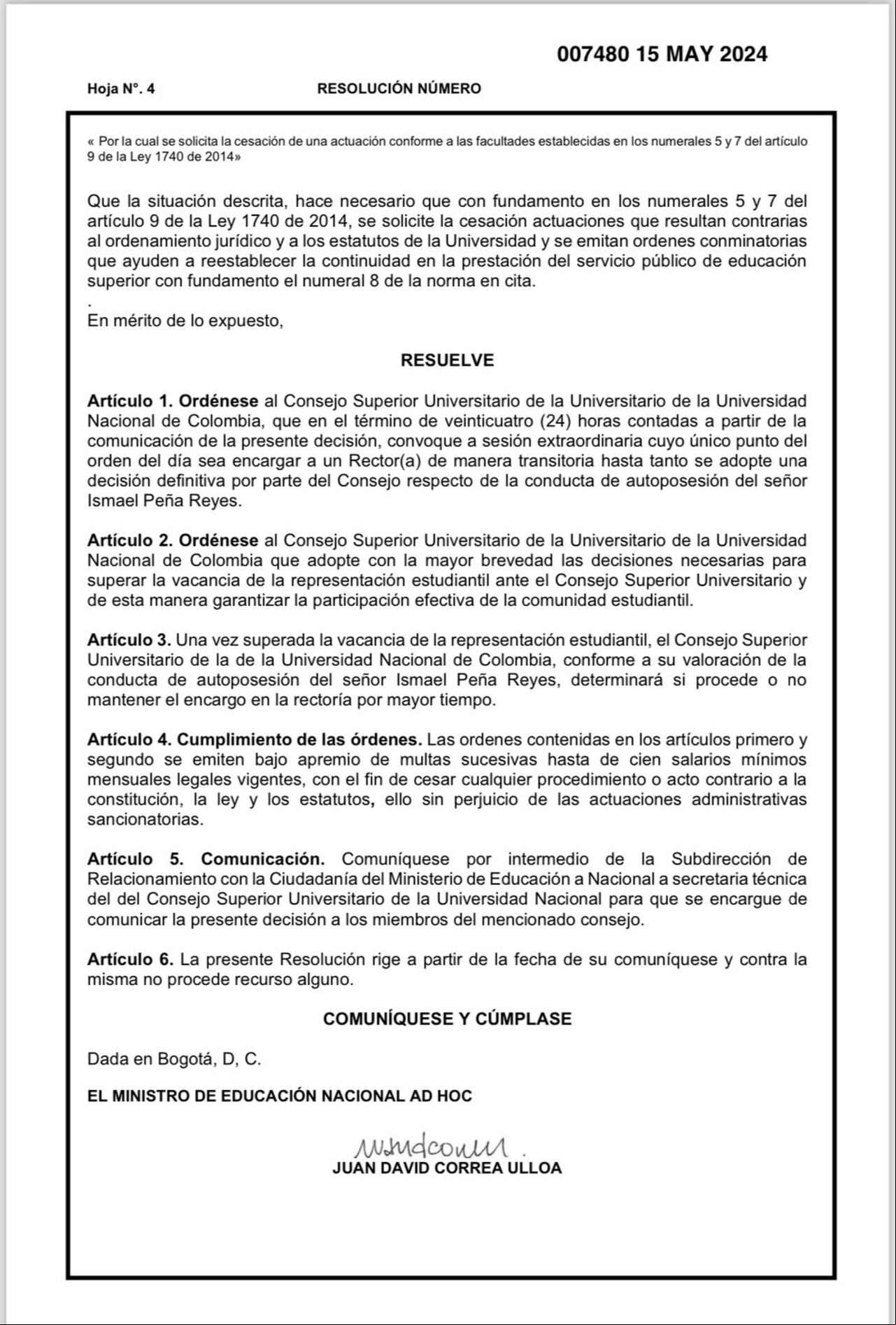Esta es la resolución firmada por el ministro ad hoc, Juan David Correa.