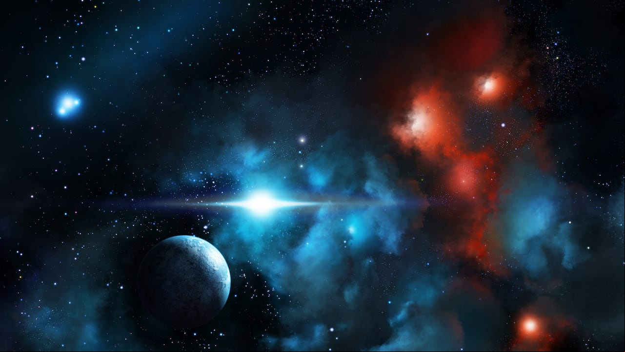 Digitally generated image of planet and nebula dust cloud.