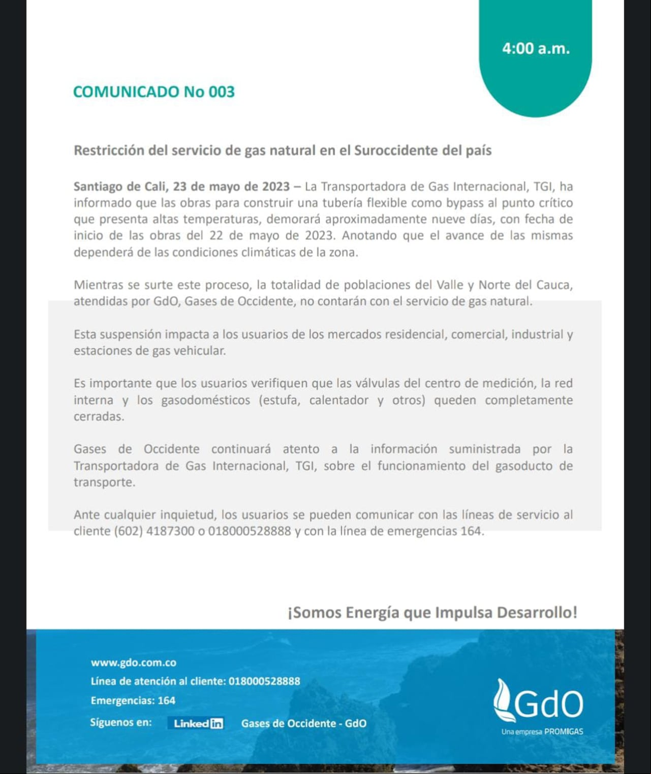 Este es el comunicado de Gases de Occidente en el que oficializó que las labores para solucionar el corte de gas podrían tardar 9 días.