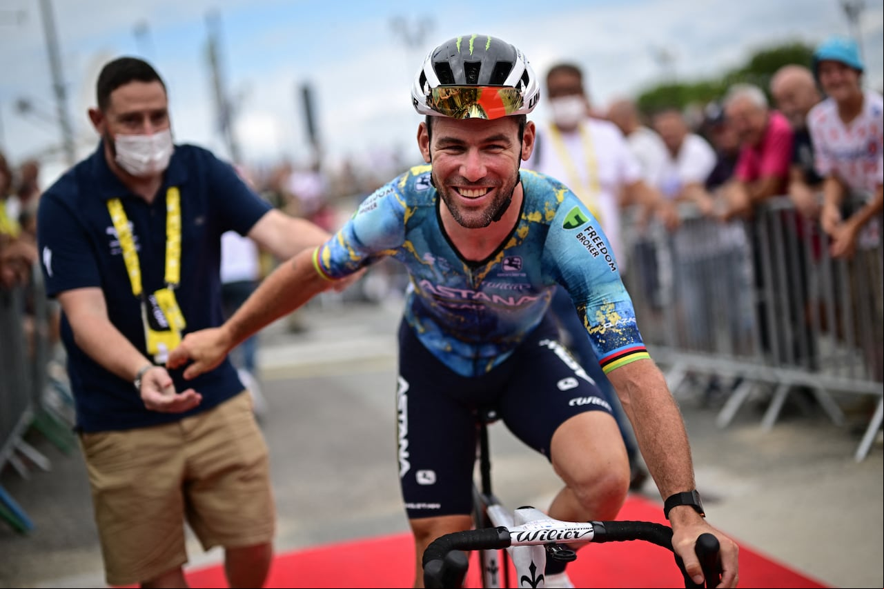 Astana Qazaqstan Team's British rider Marc Cavendish cycles to the start of the 4th stage of the 110th edition of the Tour de cycling race, 182 km between Dax and Nogaro, in southwestern , on July 4, 2023. (Photo by Marco BERTORELLO / AFP)