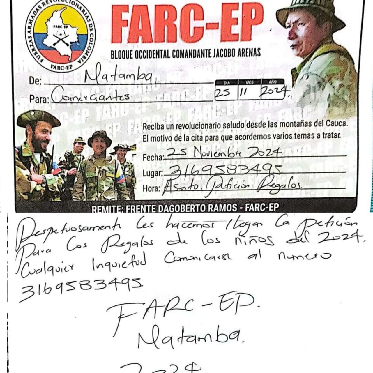 Con esta clase de escrito, los disidentes de las Farc citaron a los comerciantes y empresarios del norte del Cauca para reunir los regalos de Navidad de los niños y niñas de esta zona del país.