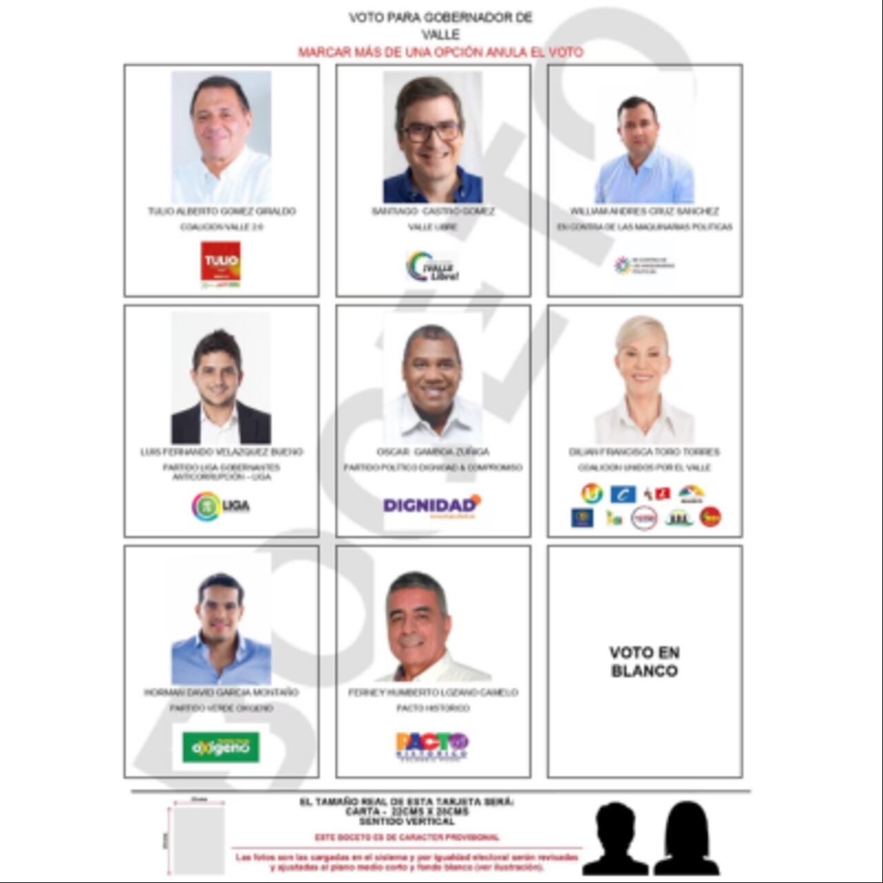 Así será el tarjetón electoral para la elección de la gobernación del Valle 2023.