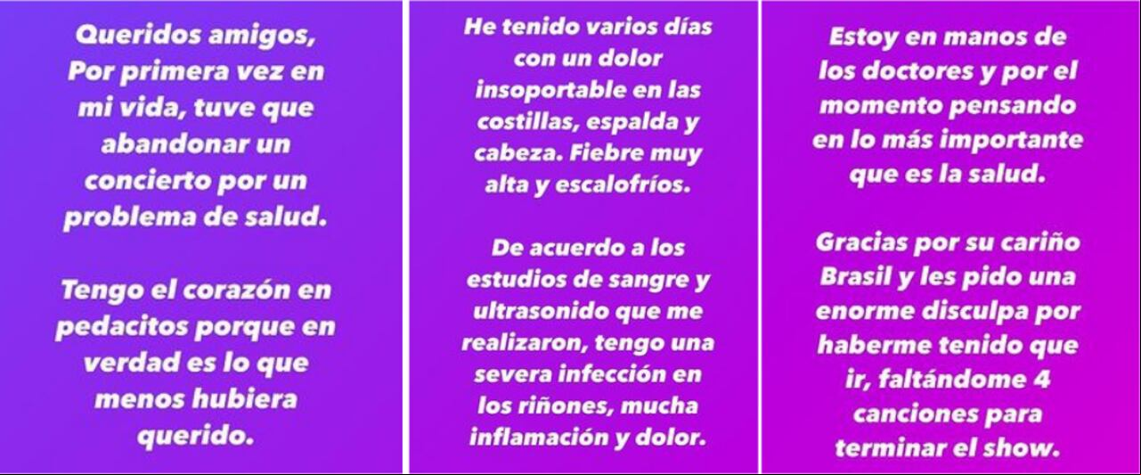 Mensaje de Anahí luego de abandonar el concierto en Brasil.