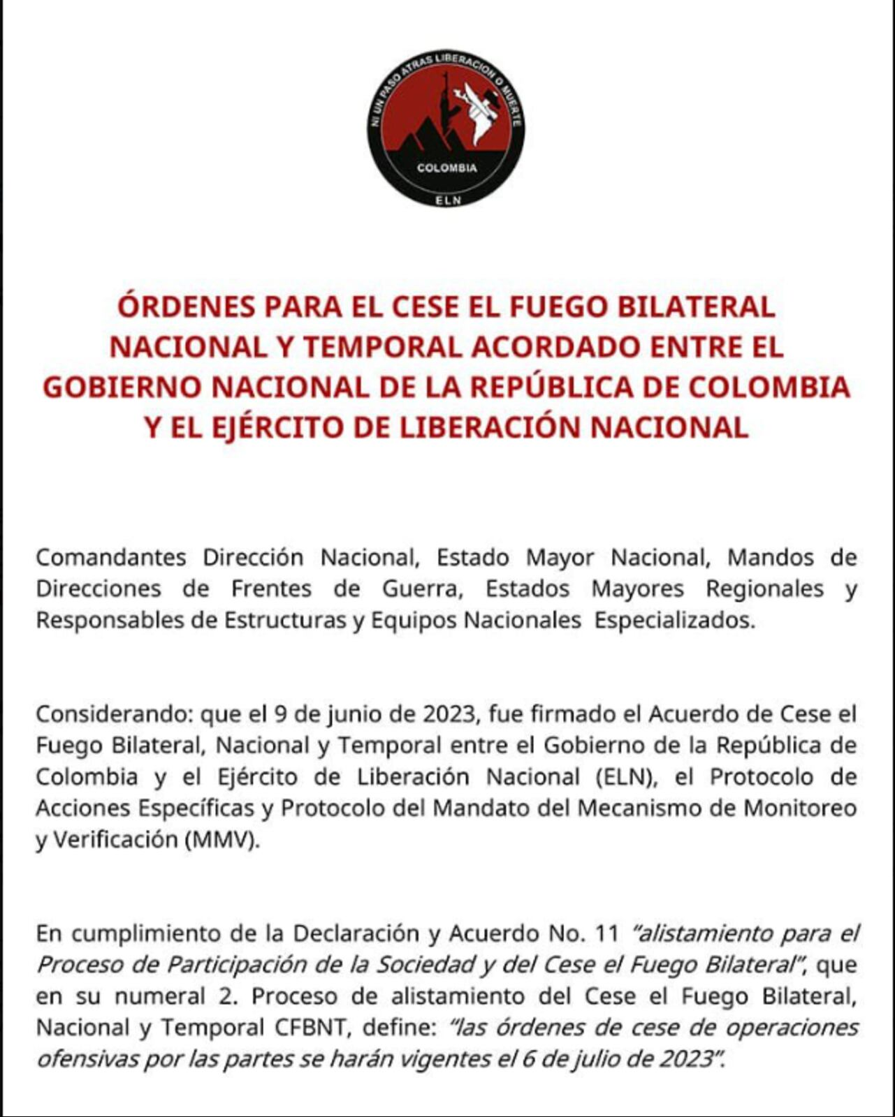 A través de un comunicado, el ELN anunció cese al fuego bilateral hasta el 3 de agosto.