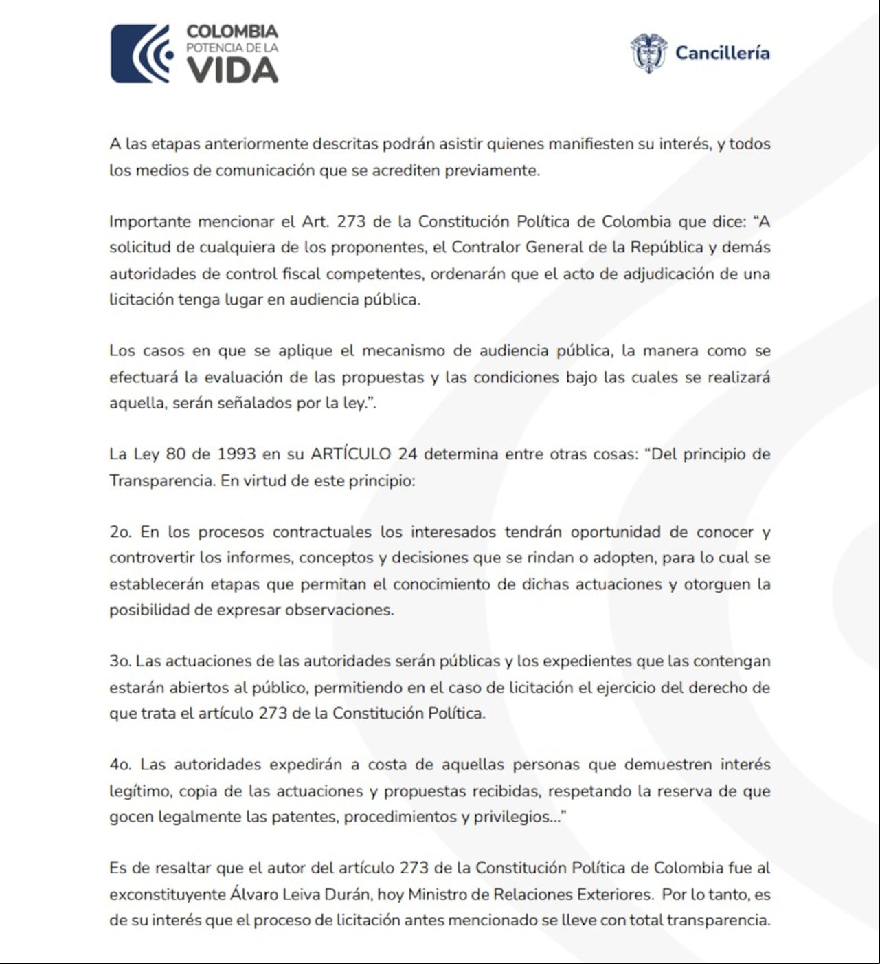 Comunicado de la Cancillería. Segunda página.