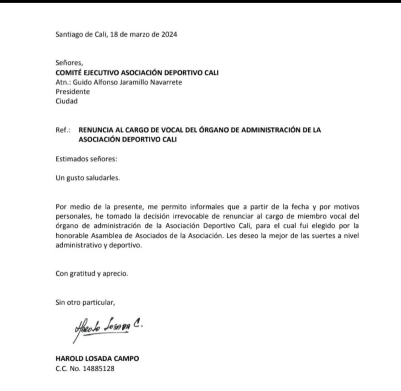Carta de renuncia de Harold Losada al Comité Ejecutivo del Deportivo Cali.