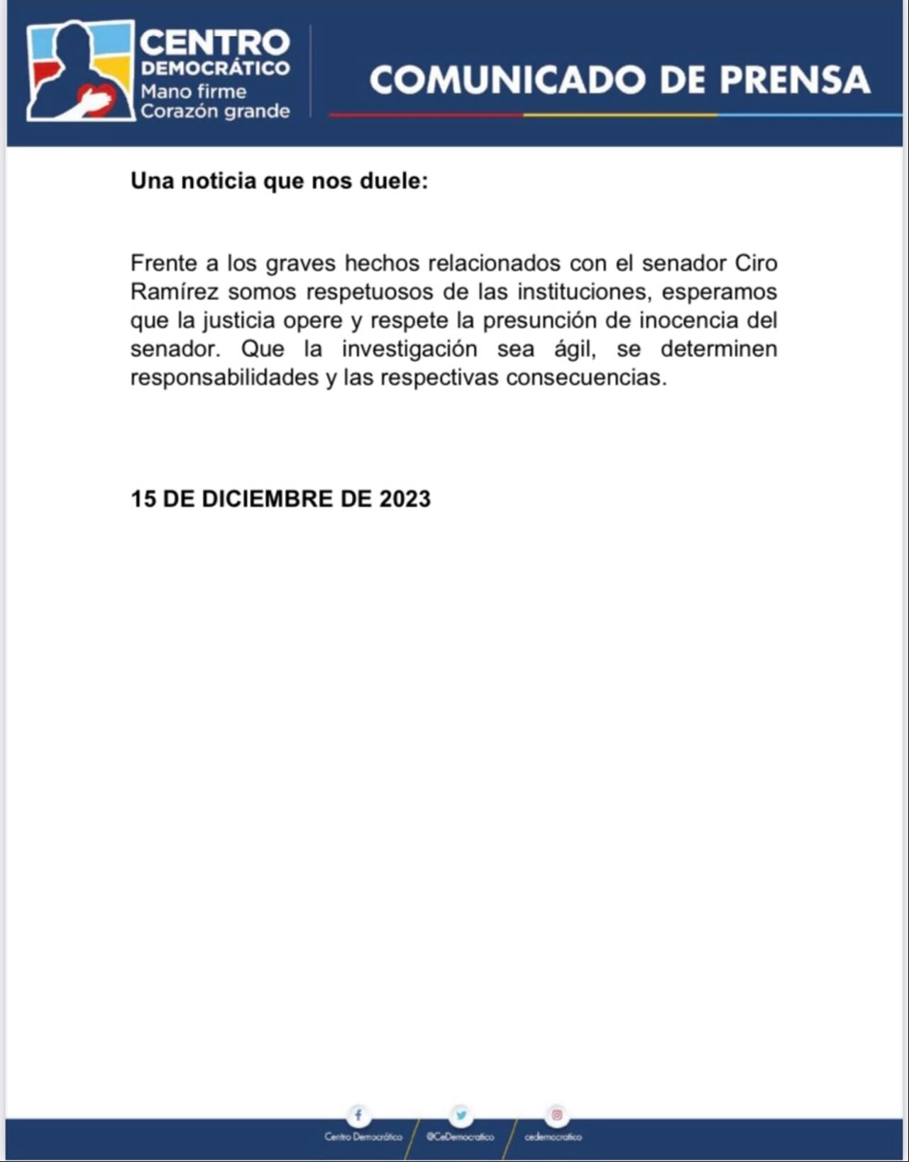 Comunicado de prensa del Centro Democrático frente a la captura del senador.