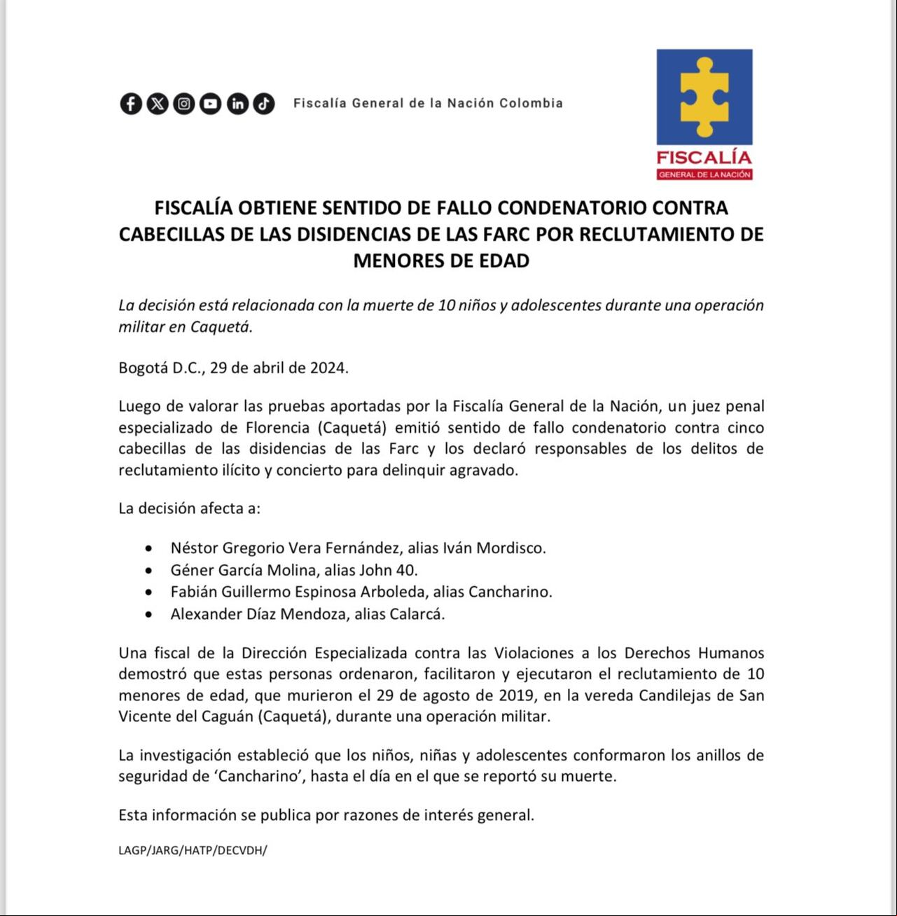 Boletín de la Fiscalía General de la Nación sobre condenas a los comandantes de las disidencias de las Farc.