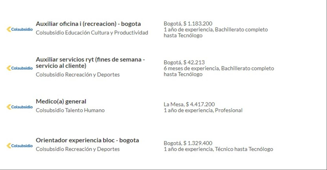 Ofertas laborales Colsubsidio