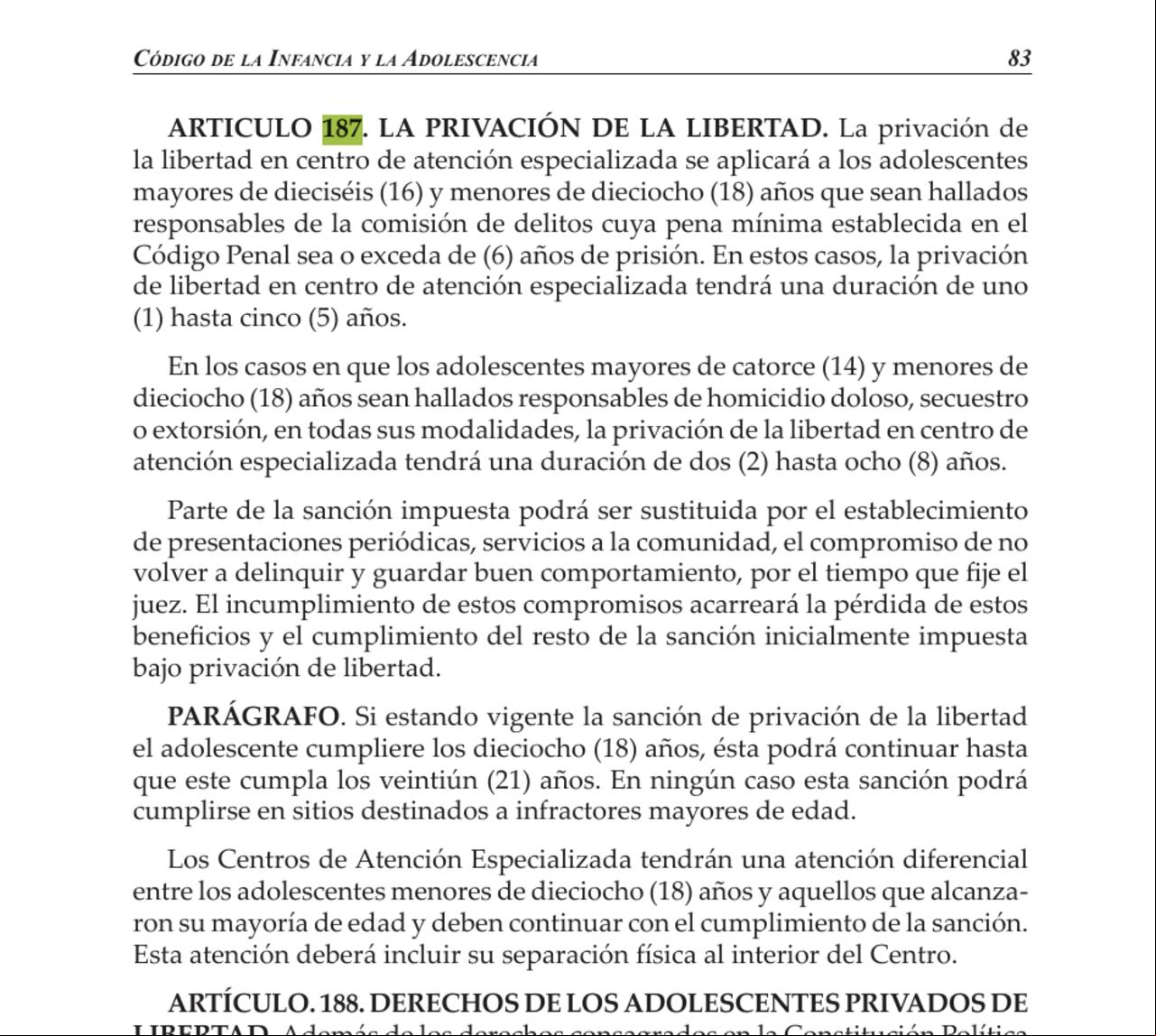 Artículo 187 del Código de Infancia y Adolescencia, sobre cuándo se aplica una pena privativa de la libertad a un menor de edad.