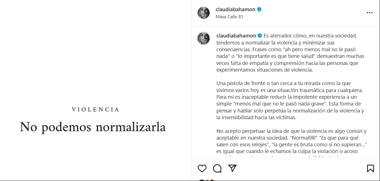 Tras presenciar un robo, la presentadora Claudia Bahamón rechazó la normalización de violencia en Bogotá.