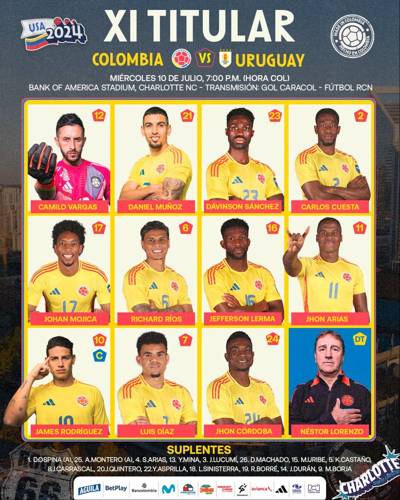 Formación titular de Colombia para enfrentar a Uruguay por la semifinal de la Copa América 2024.