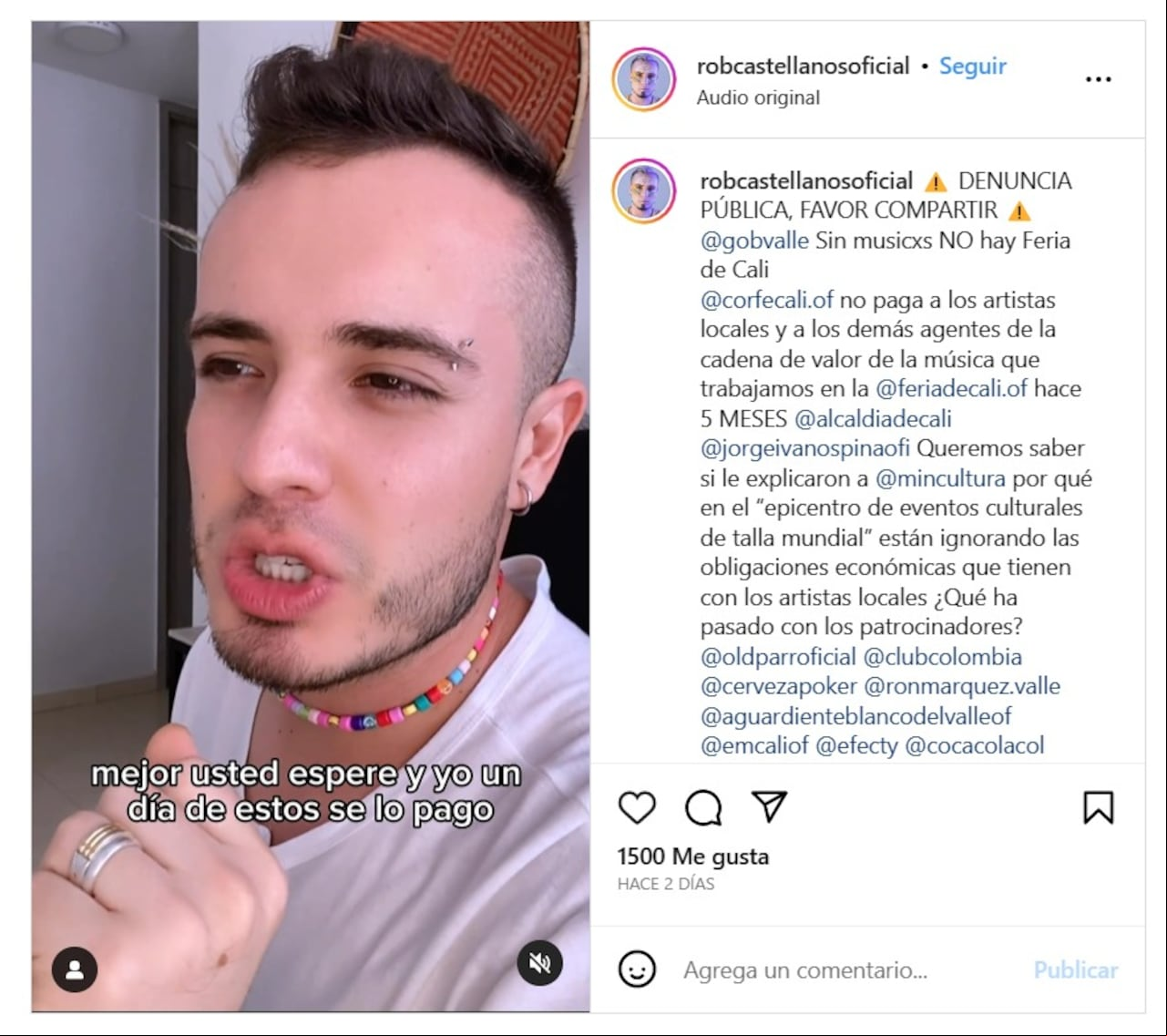 En esta publicación de Instagram, Rob Castellanos denunció su situación como artista de la Feria del 2022 afectado por la falta de pago de Corfecali. | Foto: captura de pantalla