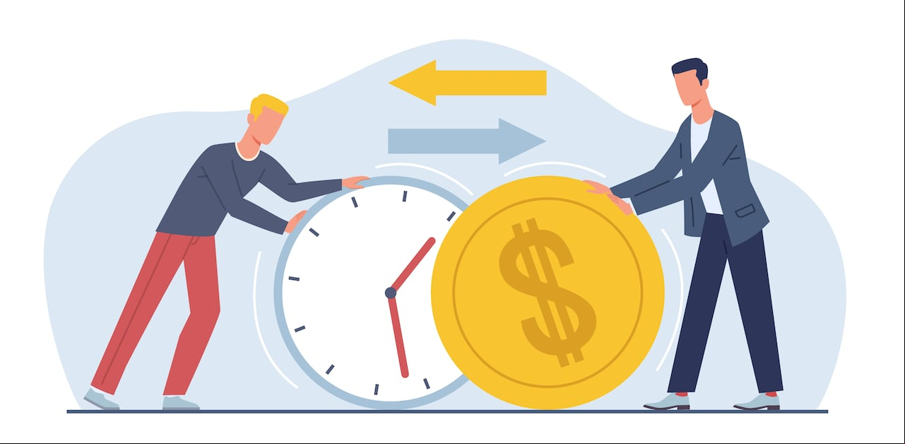 Exchanging time and effort for money and getting paid for work. Men hold huge clock and cold coin. Cost of hour metaphor. Working minutes. Cartoon flat style isolated illustration. Vector concept