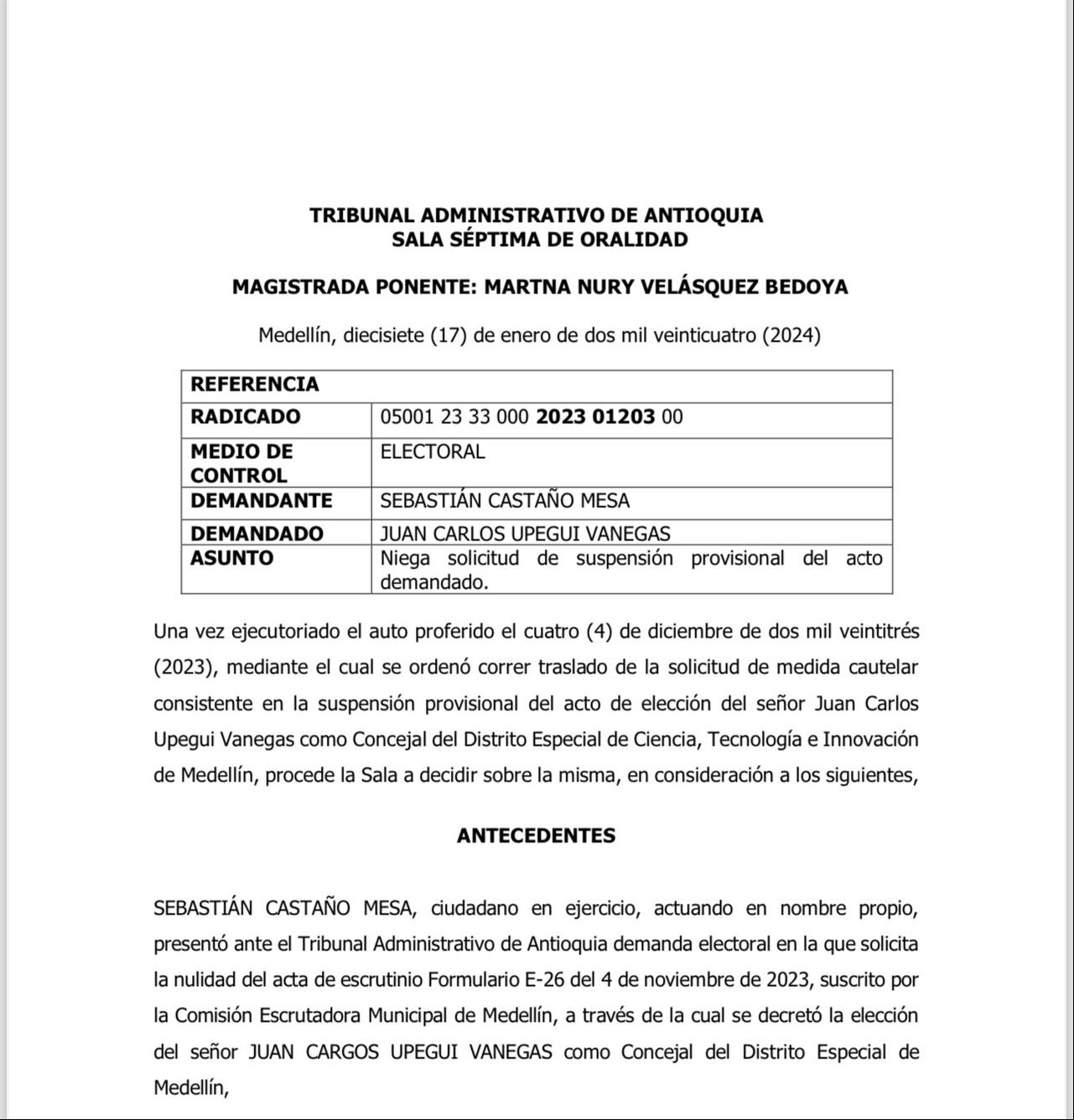 Tribunal istrativo de Antioquia niega solicitud que buscaba tumbar curul de Upegui