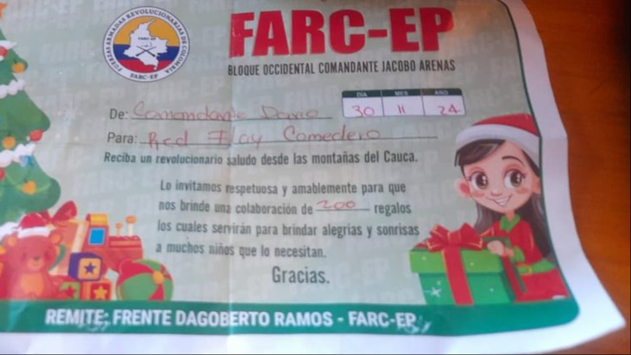 Con este escrito, las disidencias de las Farc piden regalos para celebrarle la Navidad a los niños de los municipios del norte del Cauca.