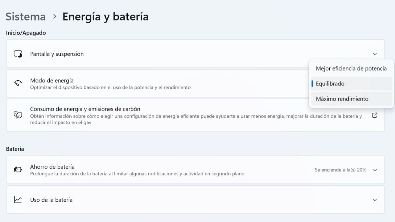 Modo de energía de máximo rendimiento