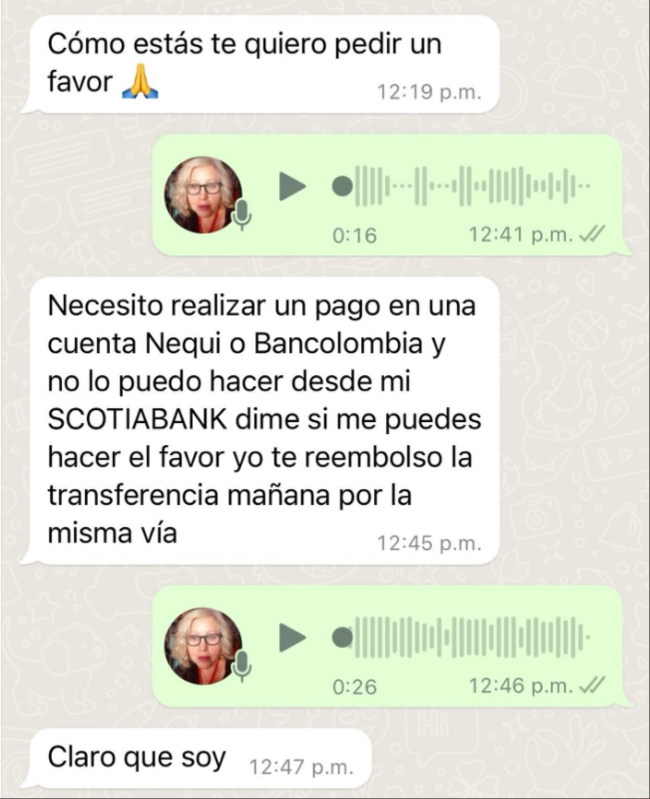 Actriz Carmenza Gómez compartió la conversación de WhatsApp con la que querían estafarla.