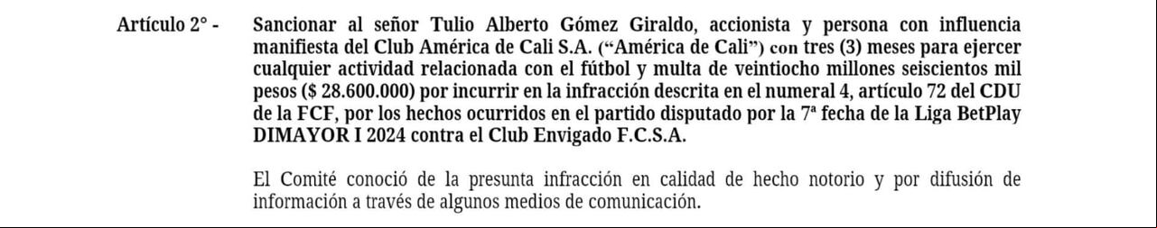 Dimayor sancionó a Tulio Gómez