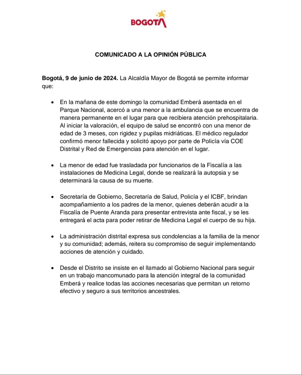 Este es el breve comunicado emitido por la Alcaldía Mayor de Bogotá frente a lo ocurrido.