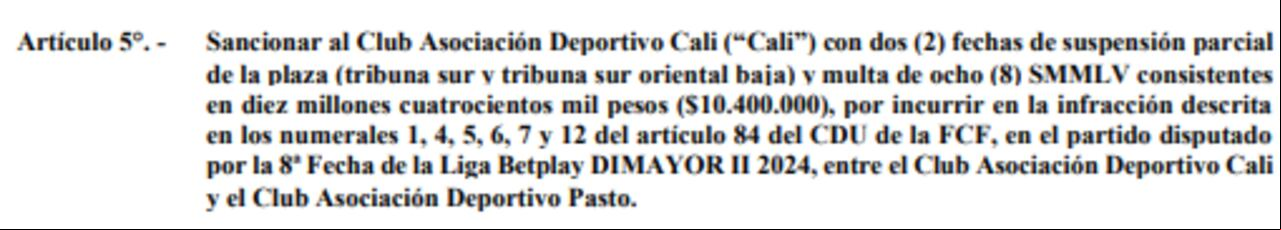 Dimayor sancionó nuevamente al Deportivo Cali.