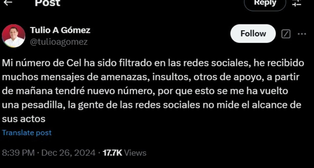 Tulio Gómez responde a amenazas y anuncia cambio de número