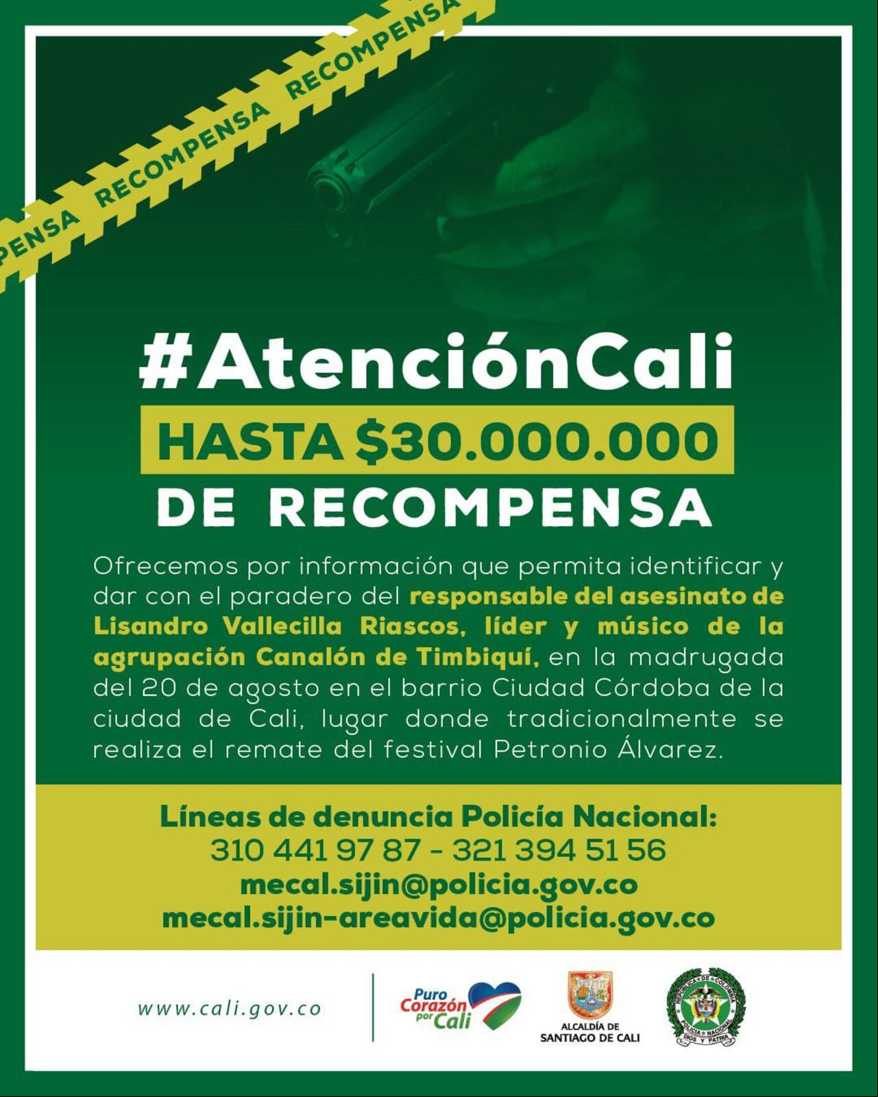 Esta es la información con la que la Alcaldía de Cali oficializó el ofrecimiento de recompensa para quienes entreguen información del asesinato de Lisandro Vallecilla.