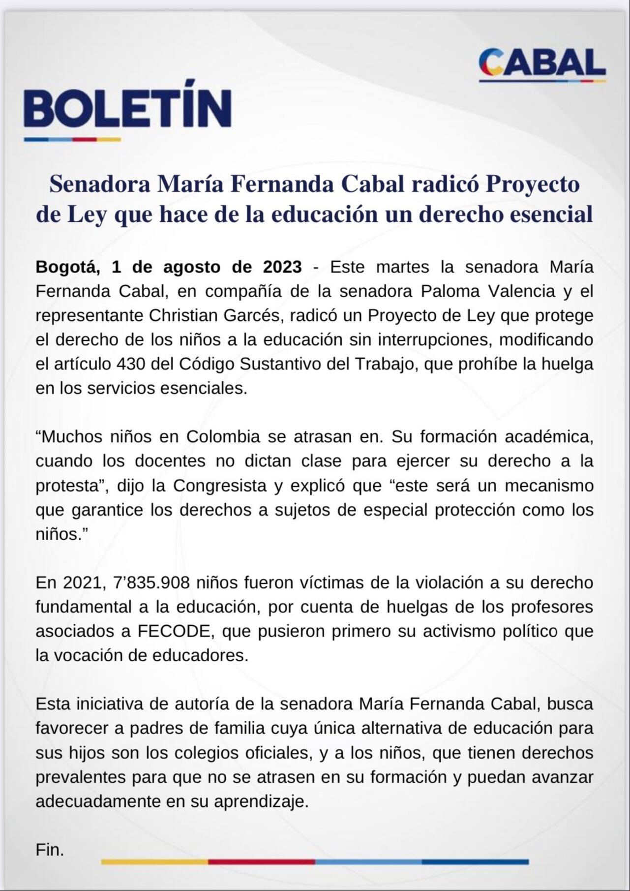 María Fernanda Cabal espera que se frenen los paros de los profesores.