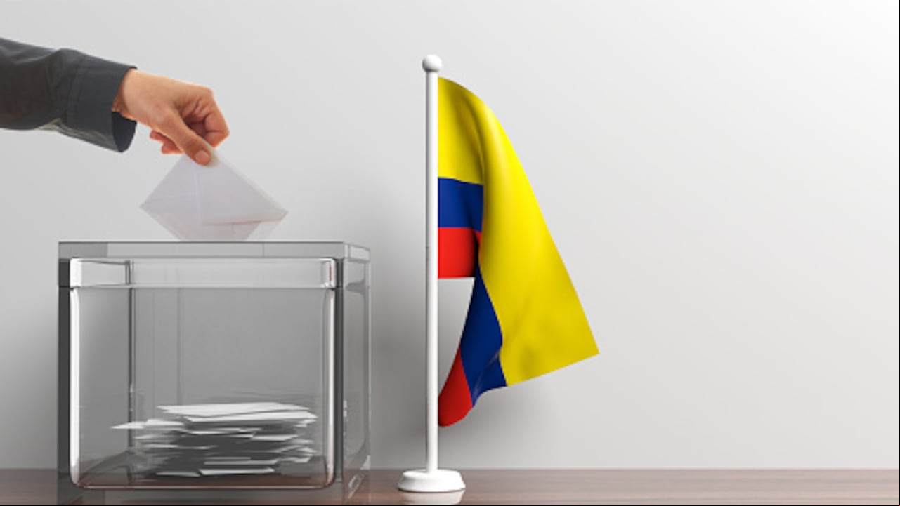 Glass ballot box and a small Colombia flag. 3d illustration