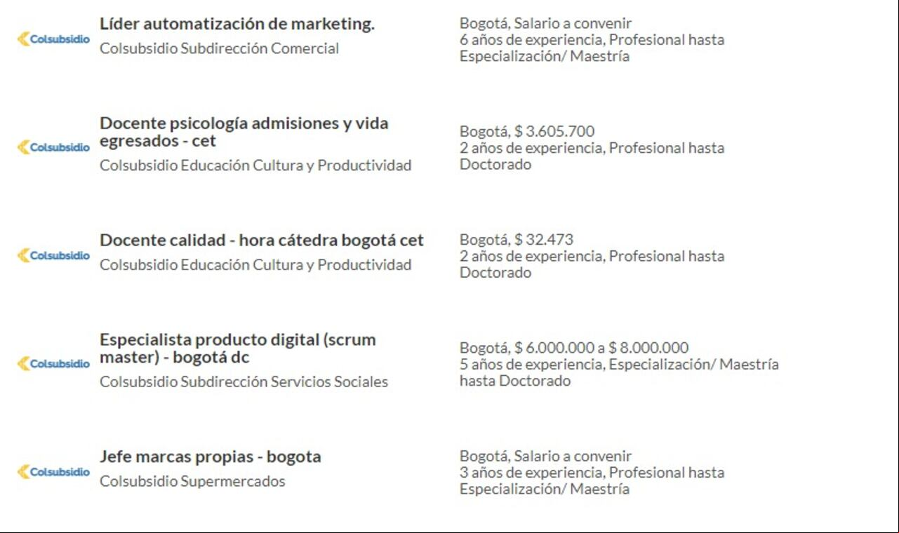 Ofertas laborales Colsubsidio