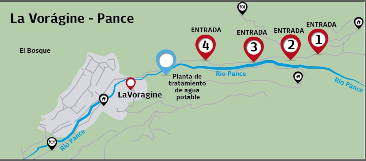 Ubicación de la Ptar de La Vorágine y entradas recreativas al río Pance.